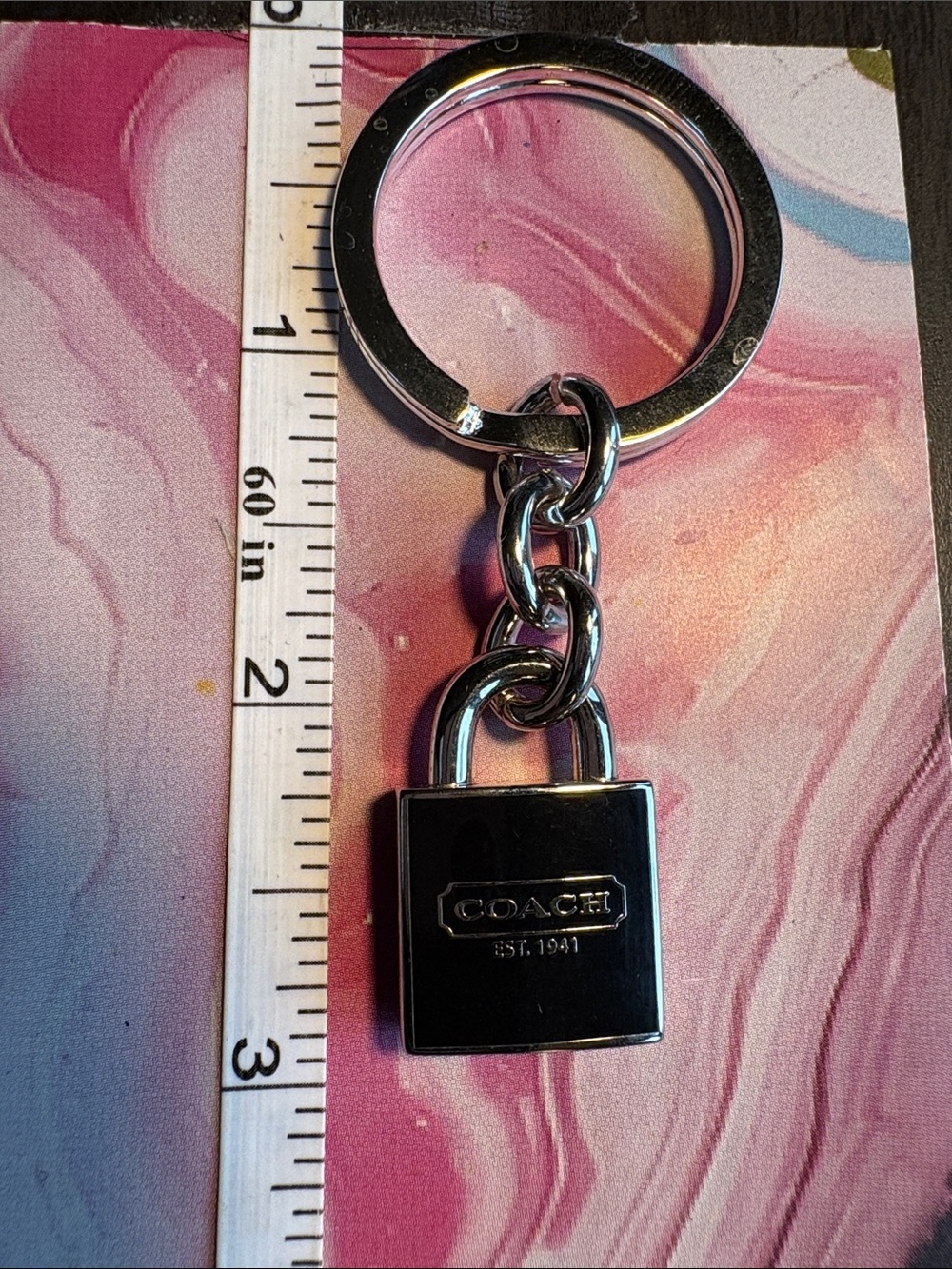 Coach Silver Tone Padlock Keychain with Black Enamel - Picture 1 of 3